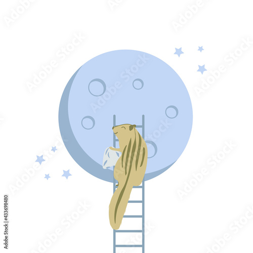 A cute chipmunk is sitting on the ladder and cleaning up the moon. Perfect for nursery bedroom, posters or print.. Concept vector illustration.