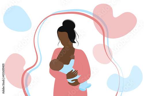 Breastfeeding. Young mother is feeding baby in hands. African american woman and little child. Newborn is drinking breast milk. Female lactation concept. Vector illustration
