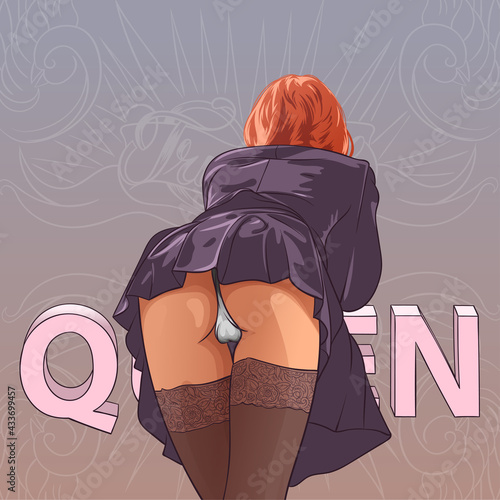 Perfect woman buttocks, view from below. Playful woman provocatively raising her maid costume to show her bum. Vector illustration