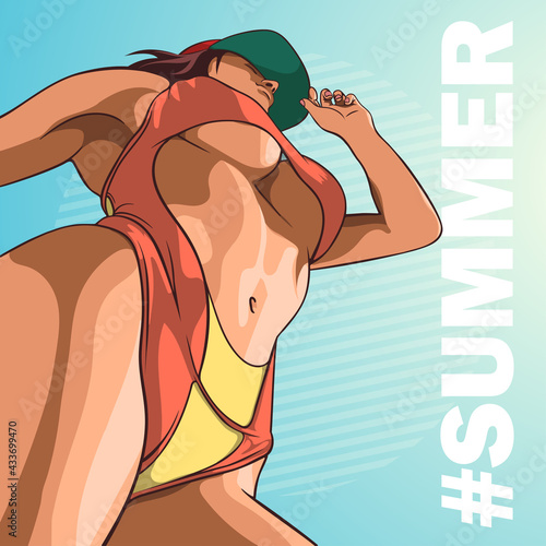 Sexy young woman in cap and swimsuit. Vector illustration
