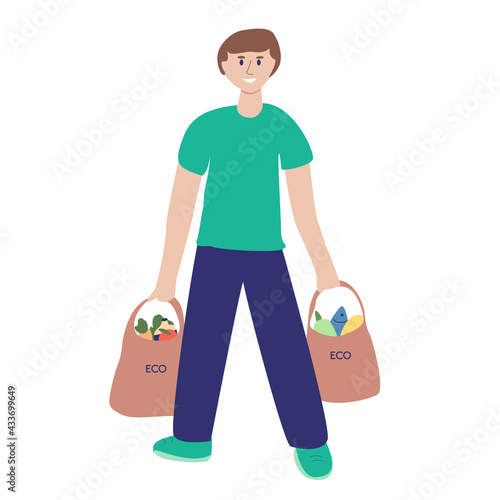 Boy with two eco bags of goods. Flat vector illustration for flyers, banners, web, etc