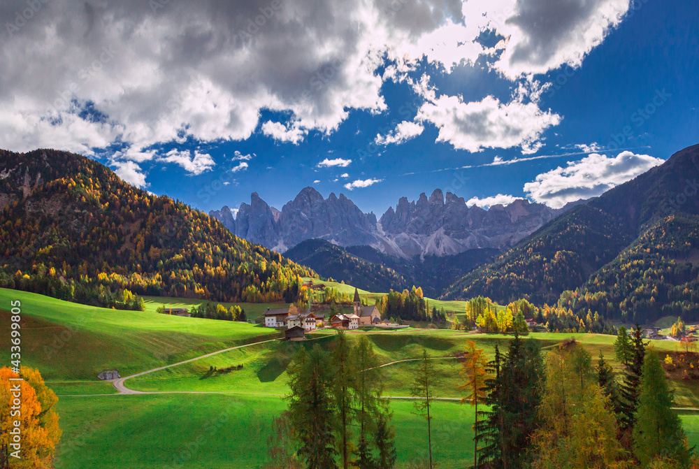Famous best alpine place of the world, Santa Maddalena village with Dolomites mountains in background, Val di Funes valley, Trentino Alto Adige region, Italy, Europe
