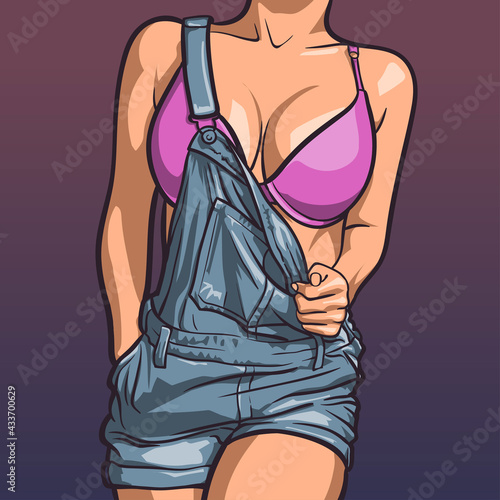 Beautiful sexy woman in jeans overall and pink bra. Swag style. Comic vector illustration.