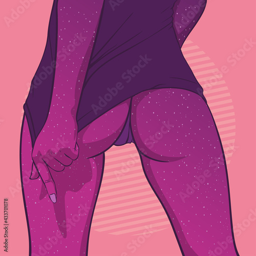 Women's beautiful ass in Thong panties on starry sky. Her hands stretch yellow t-shirt. Sexy legs in stockings. The view from the back. Vector illustration