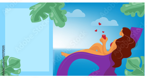 A young girl on the seashore in a sun lounger, resting, drinking a love drink, cocktail or wine. Summer, vacation at sea. Colorful banner to attract vacationers, advertisements, invitations. Vector.