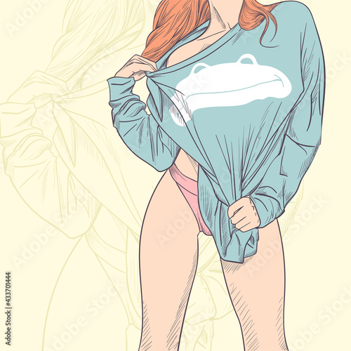 Attractive young woman showing her bare shoulder. Vector illustration