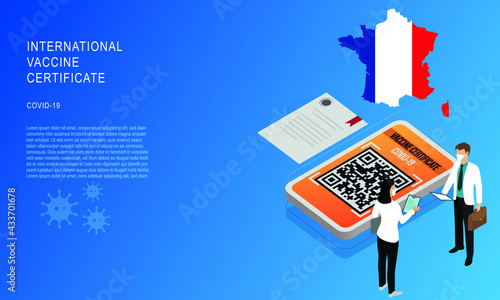 Vaccination and immunity passport for France. isometric health and vaccination concept vector. Vaccination Record card app, Health immunity Passport app for cell phone to be able for travelling during