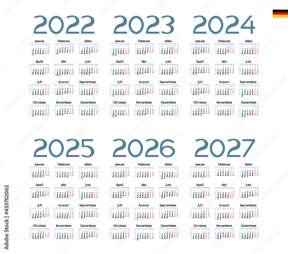 German Calendar for 2022, 2023, 2024, 2025, 2026, 2027. Week starts on
