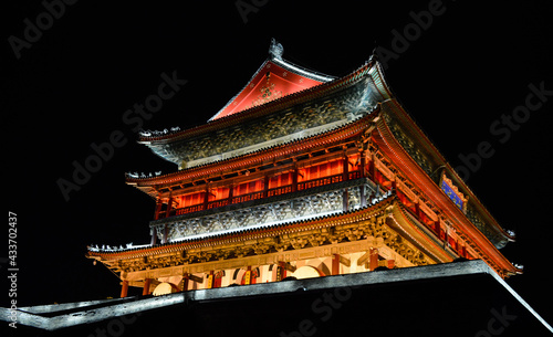 Xian Drum Tower illuminated by Night. Translation: "Civil and Military Resort"
