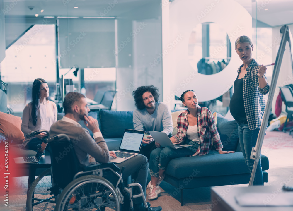 Pregnant Businesswoman Leads Creative Meeting Of Business Team In Modern Coworking open Space Office Pregnant Businesswoman Leads Creative Meeting Of Business Team In Modern Coworking open Space Office