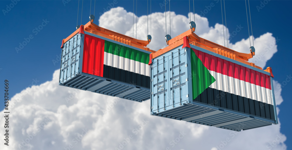 Freight containers with United Arab Emirates and Sudan national flags. 3D Rendering 