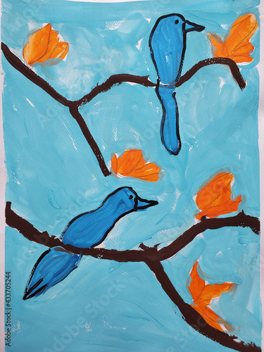 Kids artwork of blue birds on tree branches with orange color flowers at turquoise background. Hand drawing pattern. Art education for children
