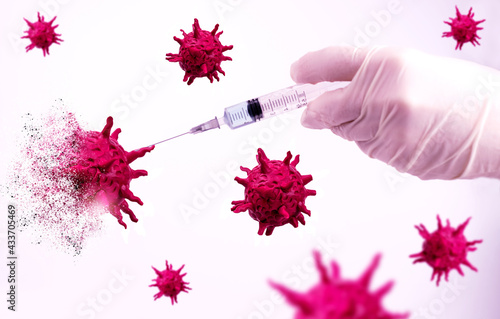 Photography Vaccine injection destroying molecule of coronavirus, COVID-19