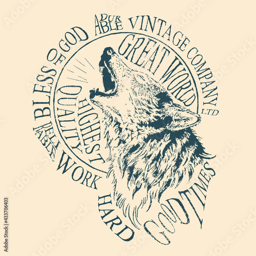 Vintage style howling wolf logo. Graphic print design for t-shirts, mugs etc. Hand drawn motif. label with wolf and typography elements