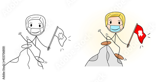 Mann beim Wandern in der Schweiz mit Mundschutz. Urlaub in der Schweiz.