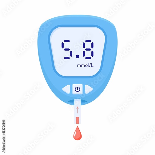 Portable glucometer with normal values. Blood glucose test. Blood sugar readings. Diabetes control and diagnostics. Medical measurement apparatus. Vector illustration