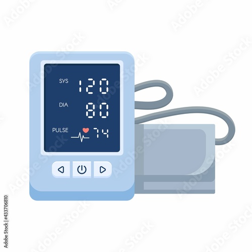 Medical tonometer and optimal blood pressure. Electronic blood pressure monitor. Digital sphygmomanometer. Isolated vector object on white background © Valentina