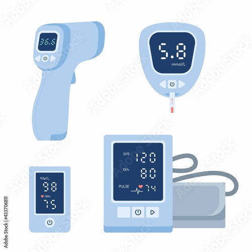Medical device icon set. Tonometer, glucometer blood glucose meter, pulse oximeter, thermometer. Vector illustration collection isolated white background. Health care equipment