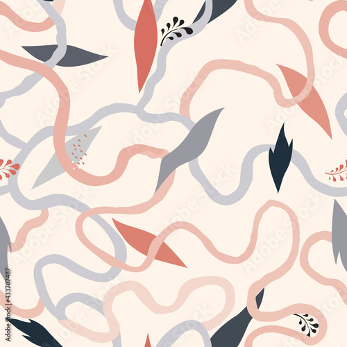 Abstract seamless floral pattern with swirl flowing lines and leaves. Ornamen...
