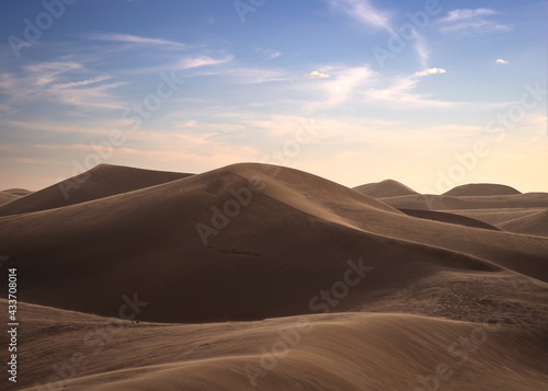 A  view of desert dunes at sunset