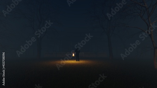 silhouette of a person in a temple forest