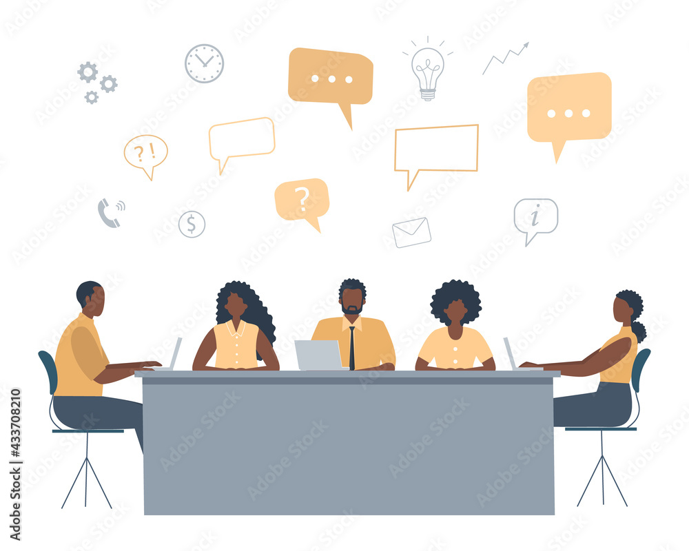 Office workers during the meeting. Business concept with icons. Black people are sitting at the table in the office. Conference hall. Flat style. Vector illustration Office workers during the meeting. Business concept with icons. Black people are sitting at the table in the office. Conference hall. Flat style. Vector illustration