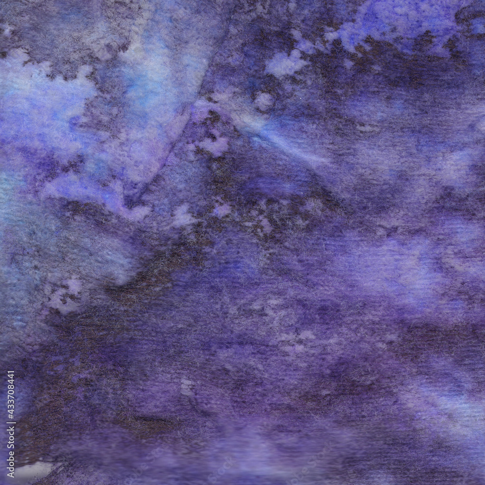 Abstract purple textile background — painting on fabric with colored spots, smudges and stains. Fluid texture resembles soft blanket, cotton or wool background in close up shot.