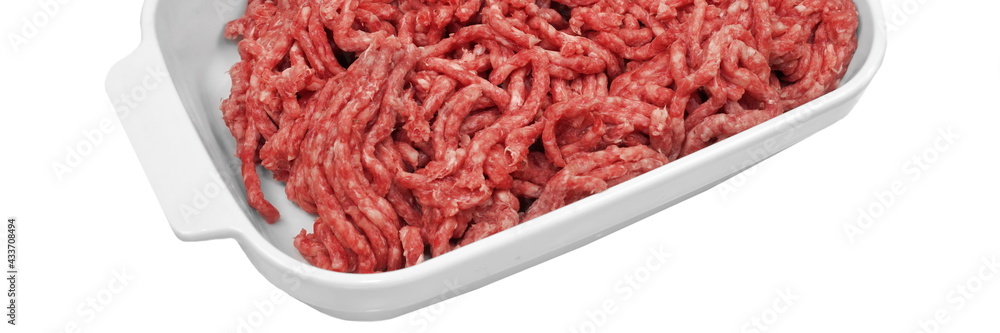 Raw Minced Meat In Ceramic Dish Isolated On White Background. Top View Of Fresh Ground Beef Isolated On White. Uncooked Minced Mixed Beef And Pork Meat. Raw Minced Meat In Ceramic Dish Isolated On White Background. Top View Of Fresh Ground Beef Isolated On White. Uncooked Minced Mixed Beef And Pork Meat.