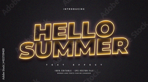 Hello Summer Text in Glowing Orange Neon Effect. Editable Text Effect