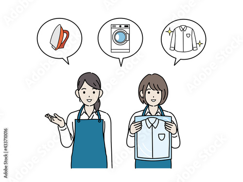 クリーニング屋　女性店員　洗濯物　仕事　イラスト素材