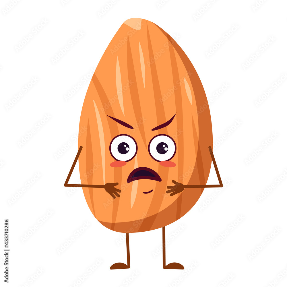 Cute almond characters with angry emotions, face, arms and legs. The funny or grumpy walnut hero Cute almond characters with angry emotions, face, arms and legs. The funny or grumpy walnut hero