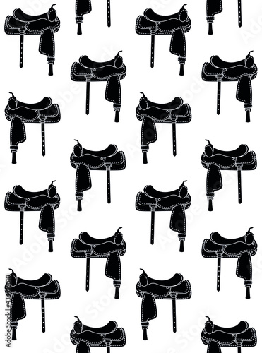 Vector seamless pattern of flat black cowboy western horse saddle isolated on white background