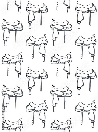 Vector seamless pattern of flat outline cowboy western horse saddle isolated on white background