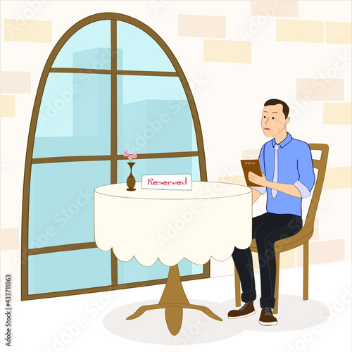 pensive man sitting at a table in a restaurant looking at the menu, funny cartoon illustration vector