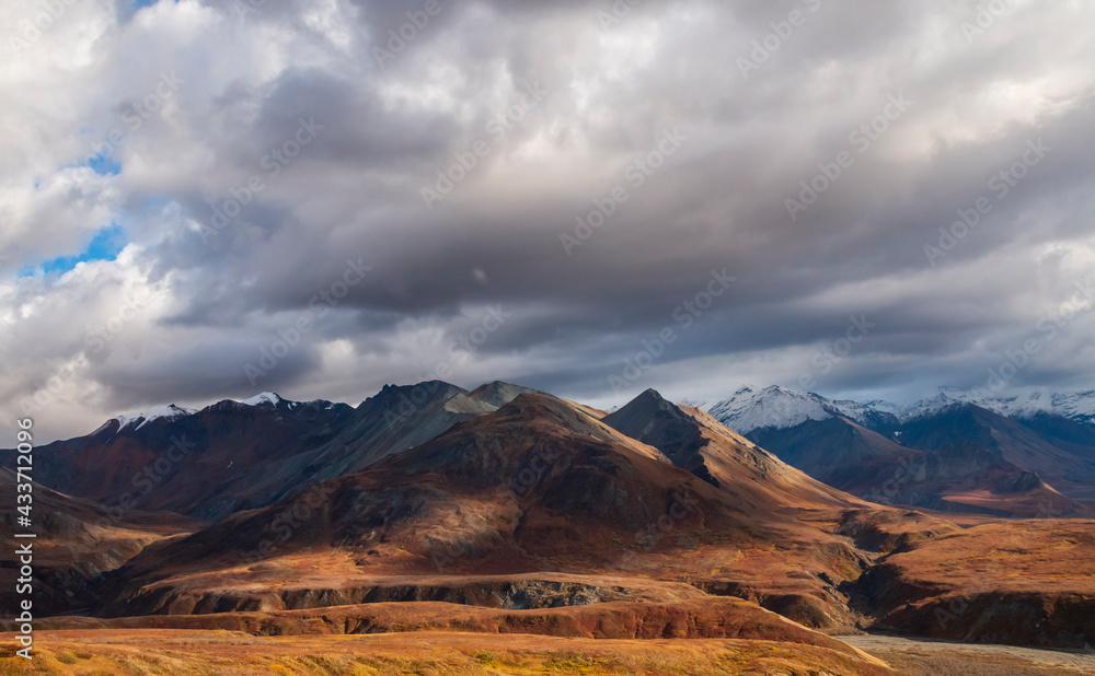 dramatic autumn landscape of snowcapped mountain ranges and peaks inside DEnali National park .