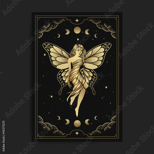 Beautiful fairy or nymph, with engraving, hand drawn, luxury, celestial, esoteric, boho style, fit for spiritualist, religious, paranormal, tarot reader, astrologer or tattoo vector