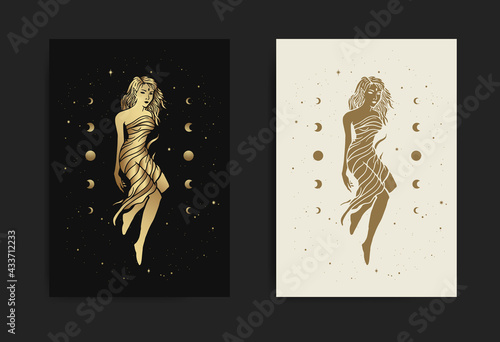 Fairy or nymph, with engraving, hand drawn, luxury, celestial, esoteric, boho style, fit for spiritualist, religious, paranormal, tarot reader, astrologer or tattoo vector