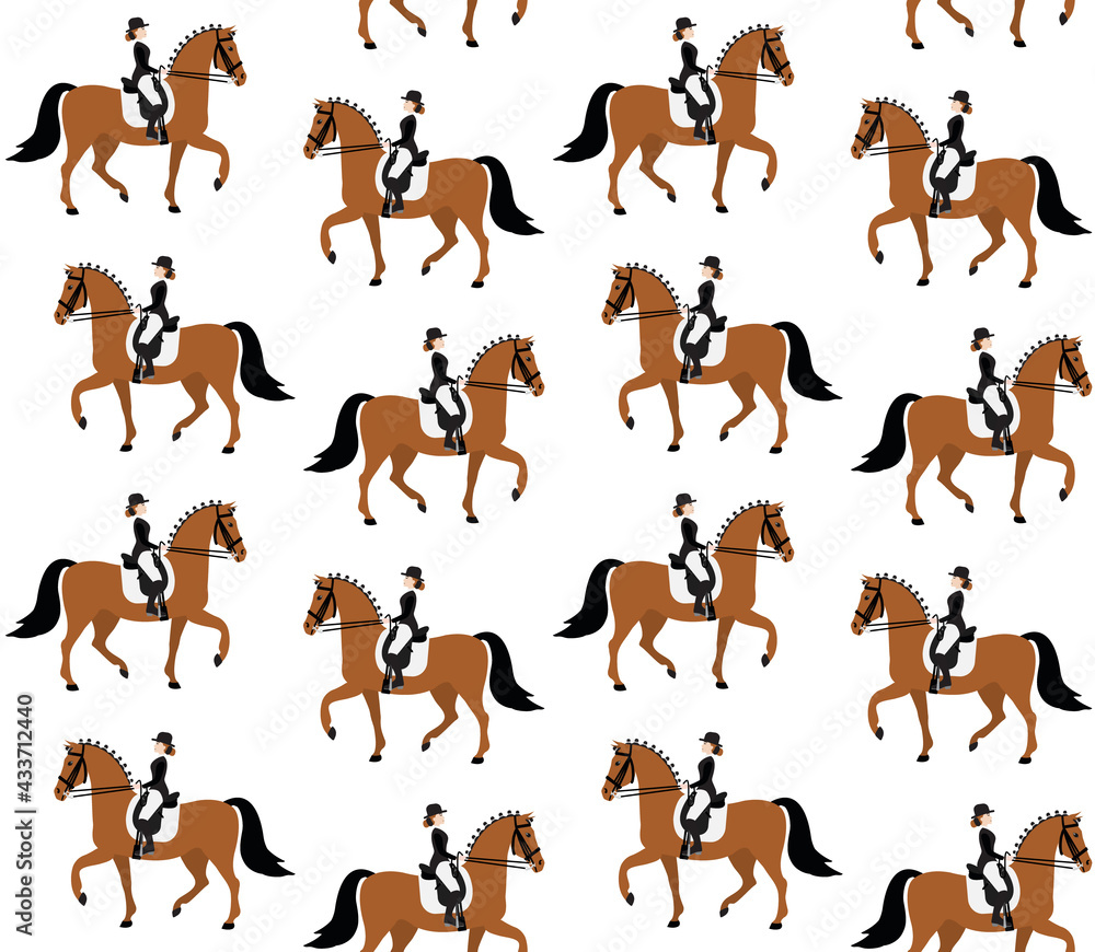 Vector seamless pattern of flat cartoon hand drawn woman girl riding dressage horse isolated on white background