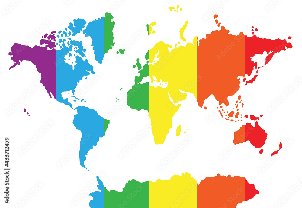 Fototapeta premium Vector flat World map silhouette with lgbt pride rainbow flag isolated on white background
