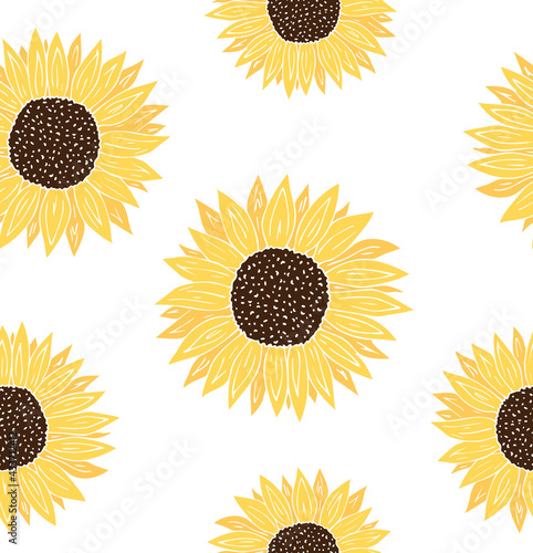 Vector seamless pattern of hand drawn doodle sketch colored sun sunflower flower isolated on white background