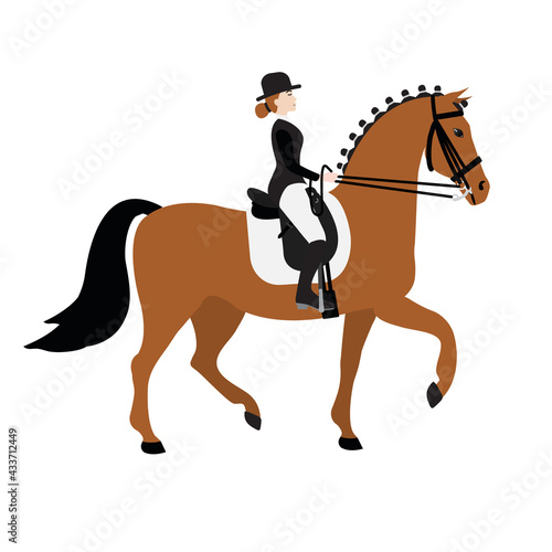 Vector flat cartoon hand drawn woman girl riding dressage horse isolated on white background © Sweta