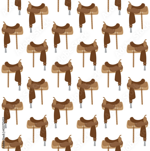 Vector seamless pattern of flat colored cartoon cowboy western horse saddle isolated on white background