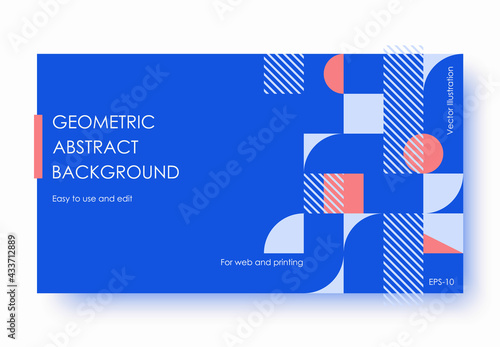 Geometric Abstract Backgrounds Design. Composition of simple geometric shapes on a white background. For use in Presentation, Flyer and Leaflet, Cards, Landing, Website Design. Vector illustration.