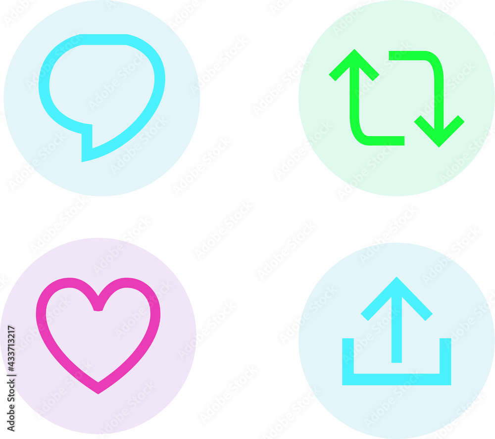 Reactions in color of twitter to make post or advertisements. Icons for social networks of comment, share, repost, download and like.