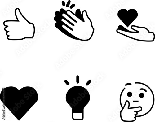 Buttons of reactions for professional network in black and white. Like, celebrations, support, love, interesting, curiosity in linkedin.	