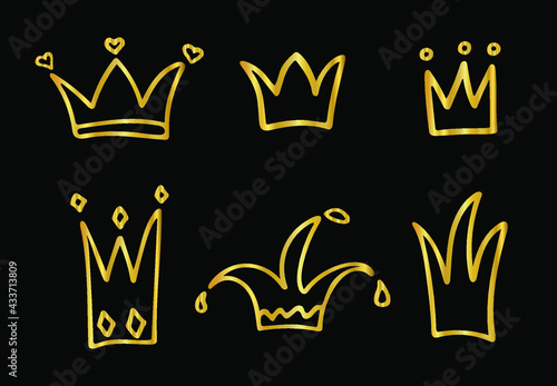 Set of hand drawn golden shining crowns. Grunge doodle style diadem silhouettes painted with ink and brush. Isolated gold logo and icon collection on black background. Vector illustration