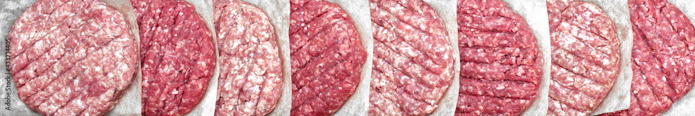 Raw Beef Hamburger Patties On Paper And Black Background, Overhead View. Raw Burger Cutlets On Isolated Background, Top View. Many Raw Minced Steak Burgers from Beef Pork Meat on Black Background. Raw Beef Hamburger Patties On Paper And Black Background, Overhead View. Raw Burger Cutlets On Isolated Background, Top View. Many Raw Minced Steak Burgers from Beef Pork Meat on Black Background.
