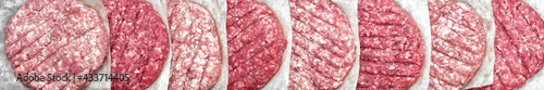 Raw Beef Hamburger Patties On Paper And Black Background, Overhead View. Raw Burger Cutlets On Isolated Background, Top View. Many Raw Minced Steak Burgers from Beef Pork Meat on Black Background.