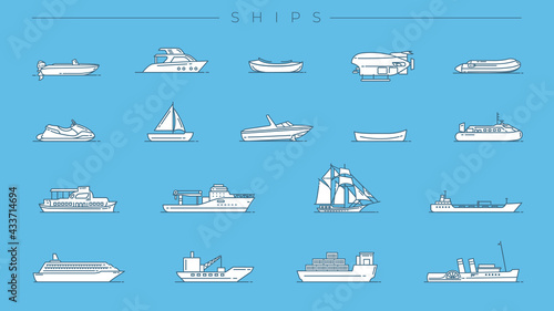 Ships concept line style vector icons set.