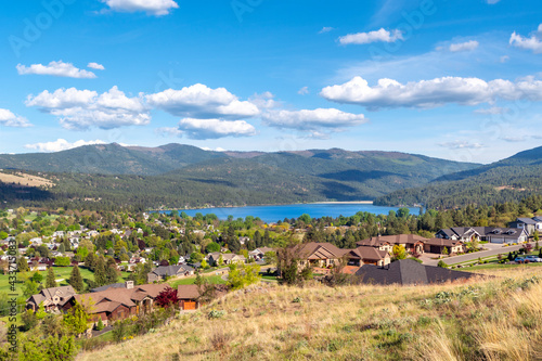 Fotografiet Hilltop view from a luxury subdivision of the lake and city of Liberty Lake, Was